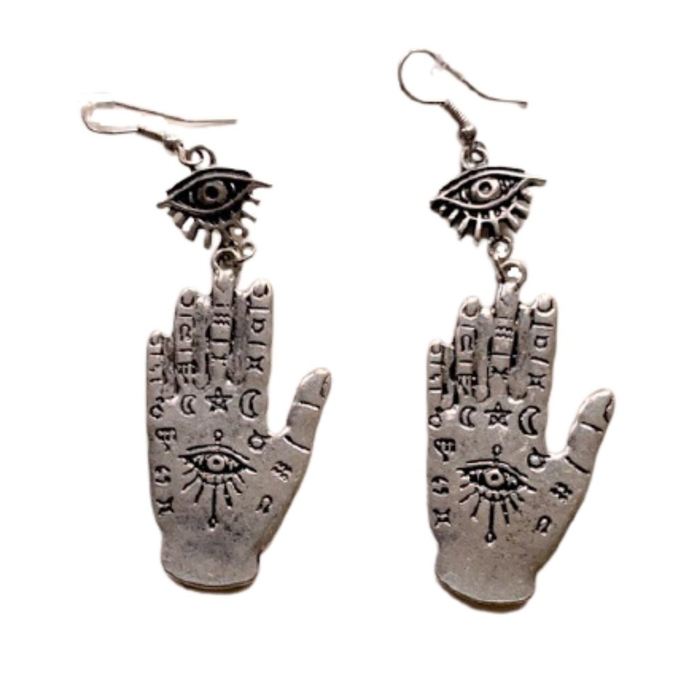 Hamsa, Fatima's hand + evil eye palm dangle silver tone large earrings - Picture 1 of 8
